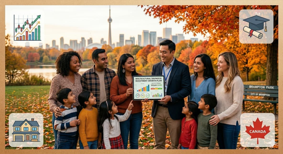 Families and a financial advisor reviewing savings and investment plans in a Canadian park